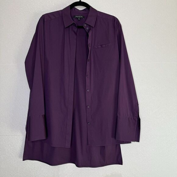 Lafayette 148 New York Dannell Eggplant Button Down Stretch Hi Low  Blouse 2 - Picture 2 of 7